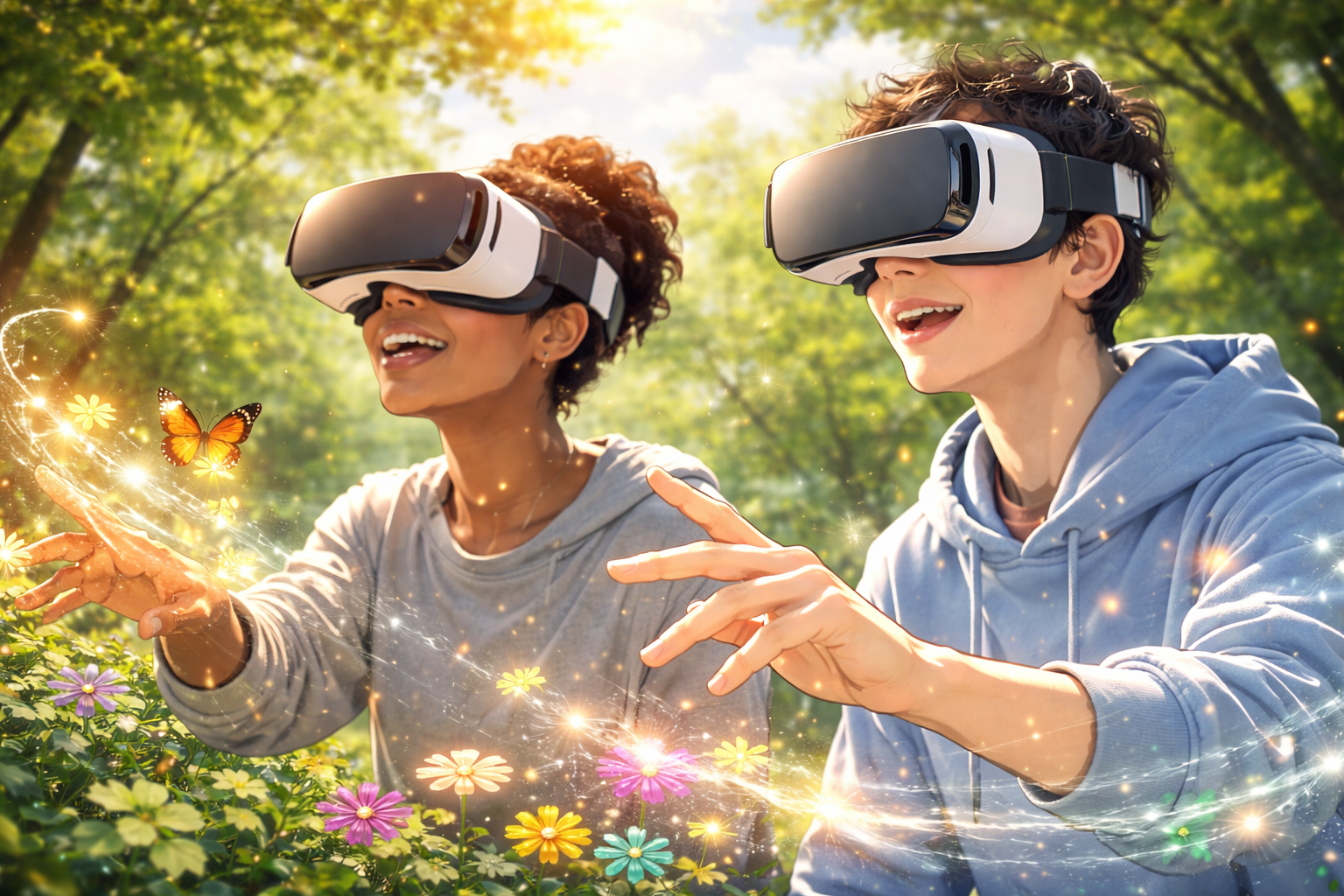 Young person in immersive forest VR environment
